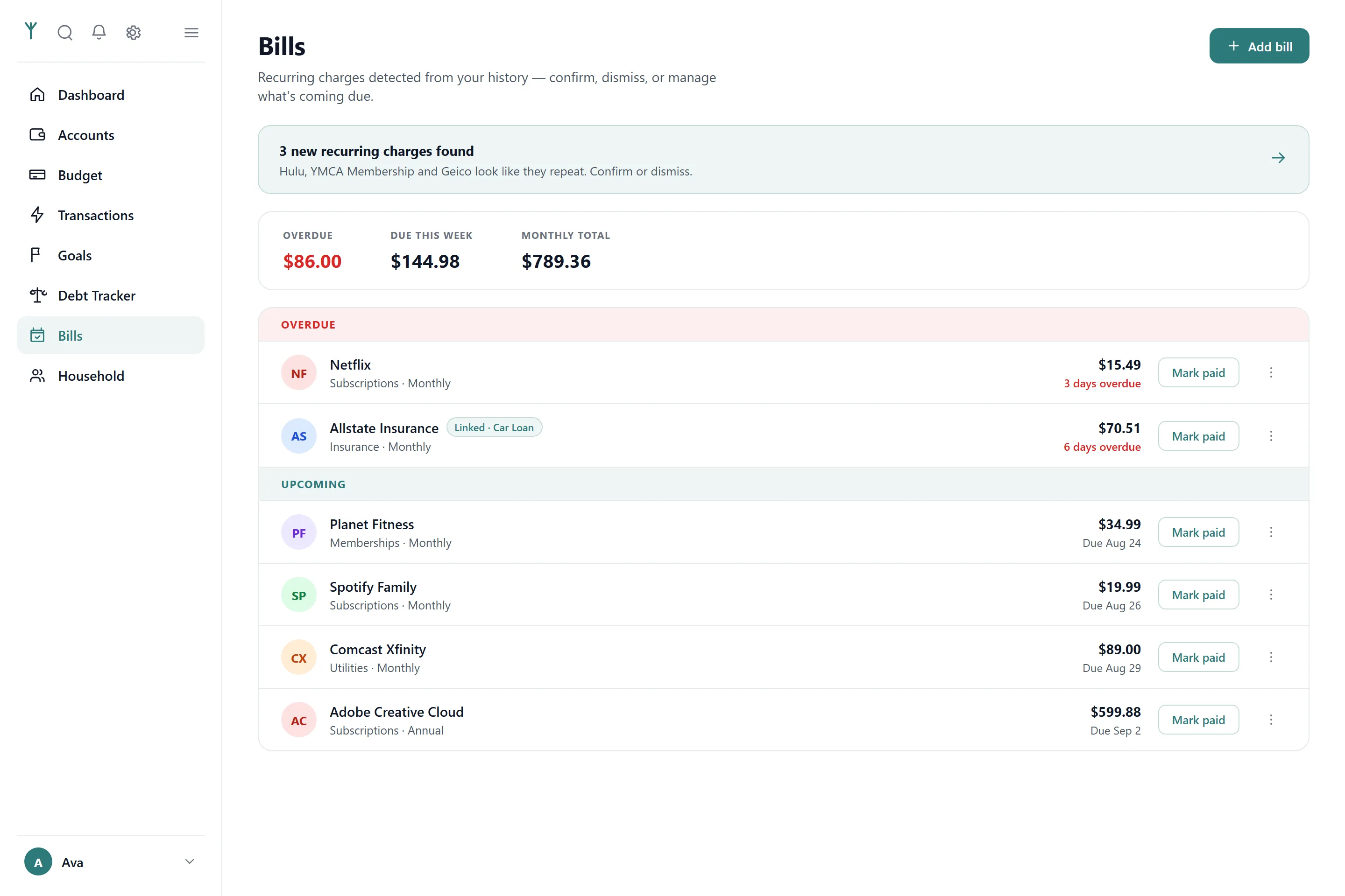 The bills screen with detected recurring charges grouped into overdue and upcoming.
