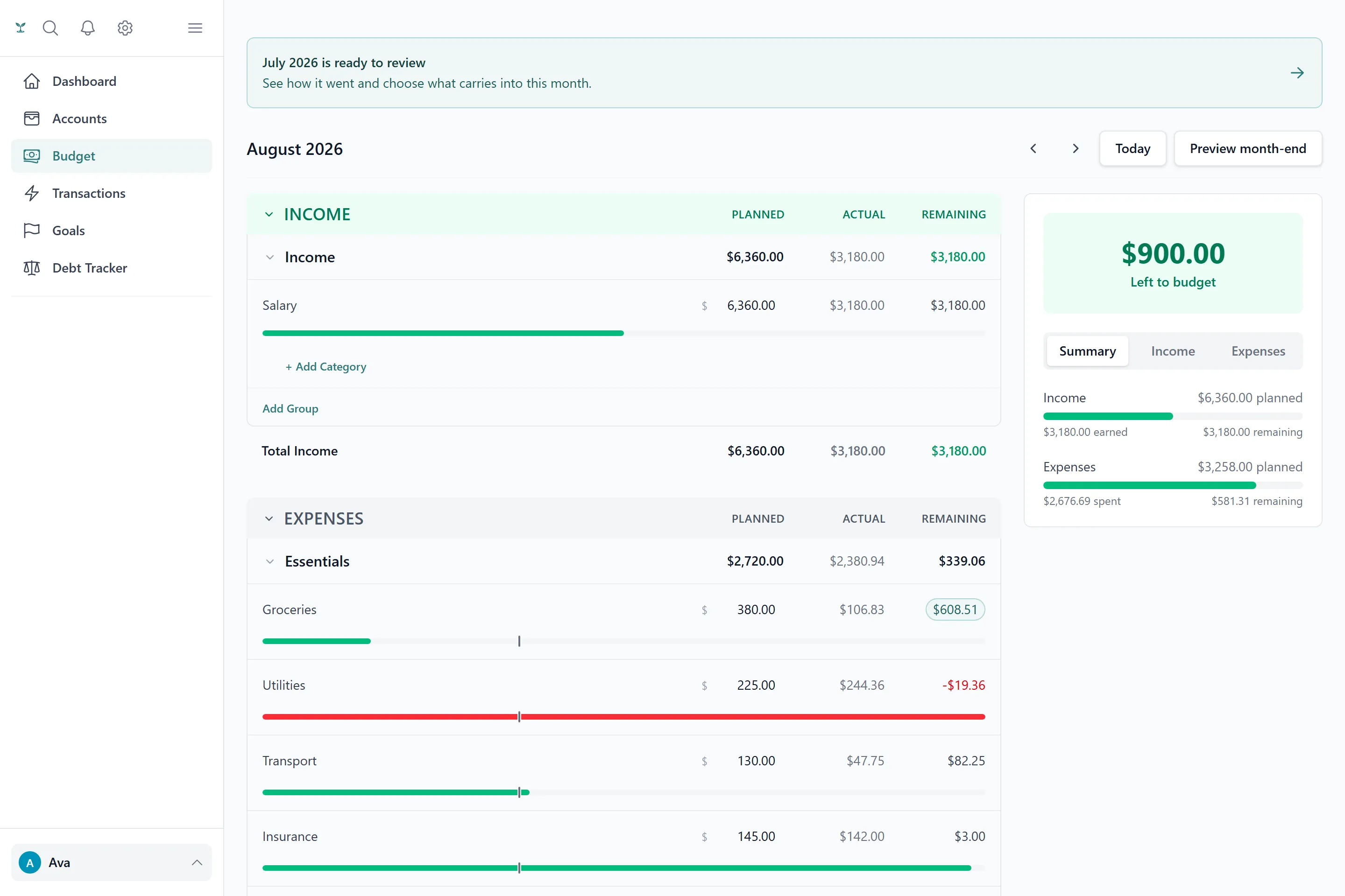 A shared budget screen showing categories with spending from both household members pooled together.