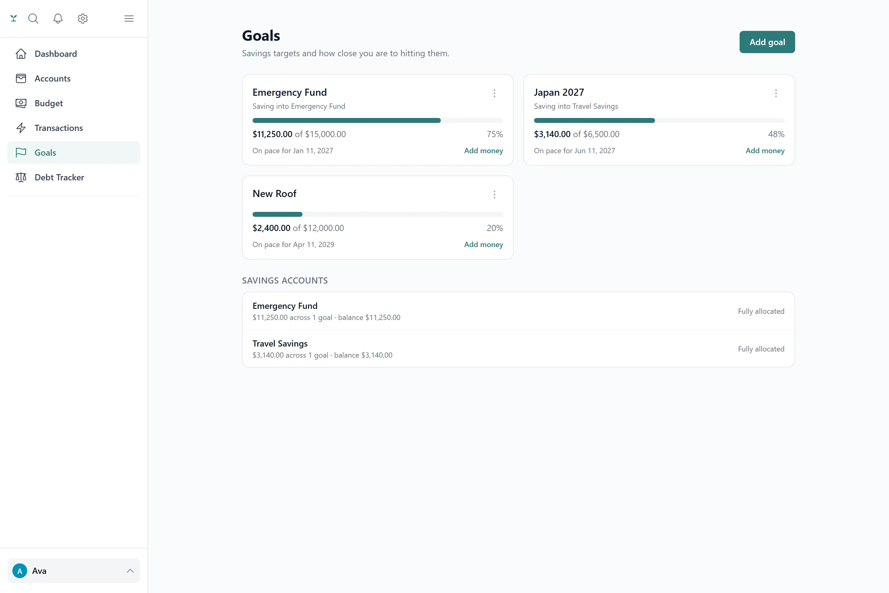 The goals screen showing goal cards with progress bars, target dates and an account allocation summary.