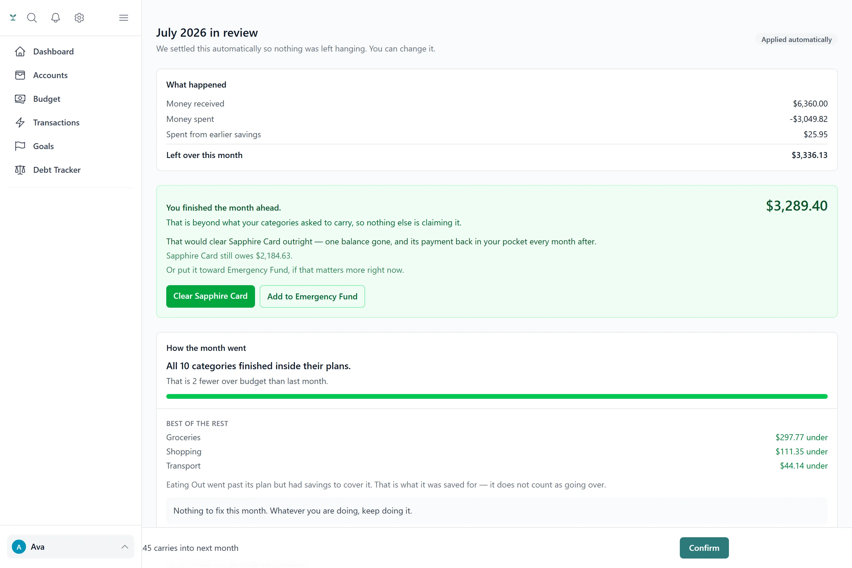 The monthly recap showing the month's cash pool, ranked overspends and a coaching summary.